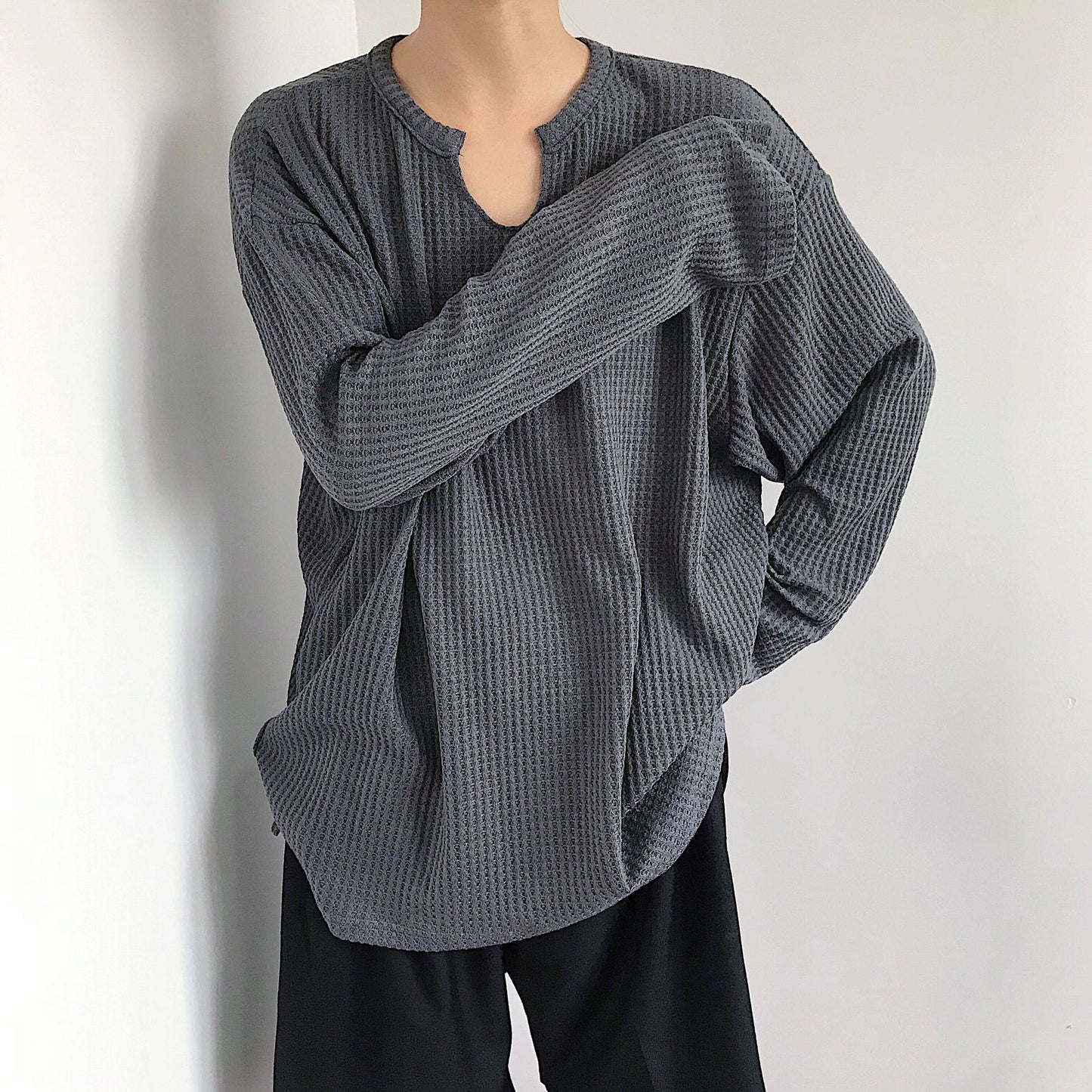 Waffle Long Sleeve Men's Loose Top